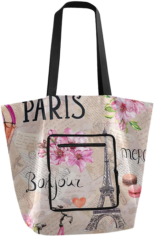 ALAZA Eiffel Tower Pink Flowers Bicycl French Paris Reusable Handle Grocery Tote Bag Foldable
