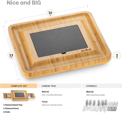 MITBAK Charcuterie Board Tray with 12 Cheese Utensils | Bamboo Cheese Board Serving Tray | Cutting Board Platter Housewarming, Wedding Mom Gifts| 16 x 13 x 2 "