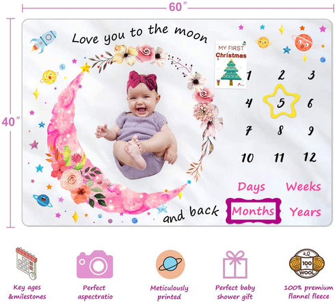 Milestone Blanket for Baby Girl, Kmivo Baby Monthly Photo Blankets Soft Large Memory Blanket with Headband & Milestone Cards for Newborn Baby Shower, 60? x 40?
