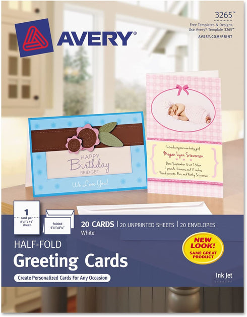 Avery Greeting Cards, Inkjet Printers, 20 Blank Cards and Envelopes, 5.5 x 8.5, Folded (3265), White