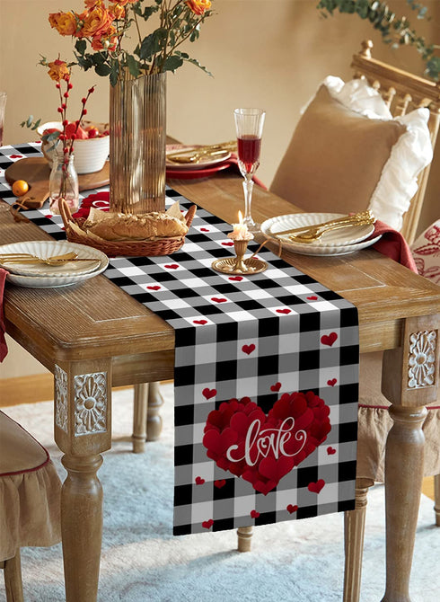 Valentine's Day Table Runner 13x90 Inch, Romantic Red Love Heart Vintage Black White Buffalo Plaid Table Runner Dresser Scarves for Valentines Day Dinner Parties Washable Cotton Linen Table Runners
