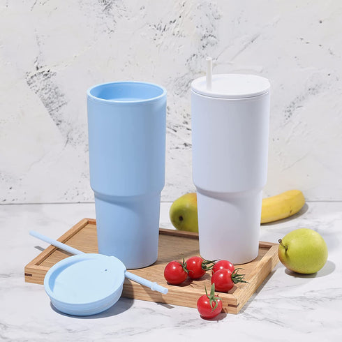 COKTIK 30oz Pastel Colored Acrylic Cups with Lids and Straws, Double Wall Matte Reusable Plastic Tumblers,Large Capacity for Parties, Birthdays(White,2 pack)