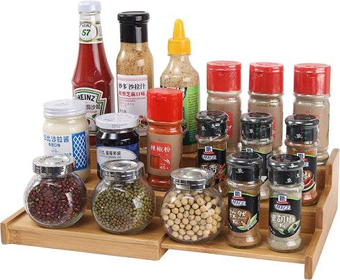 YCOCO Spice Racks for Kitchen Cabinets,Bamboo 3 Tier Expandable Spice Shelf Organizer for Kitchen Countertop and Cabinet,Step Spice Holder for Jars Seasonings and Spice Bottles