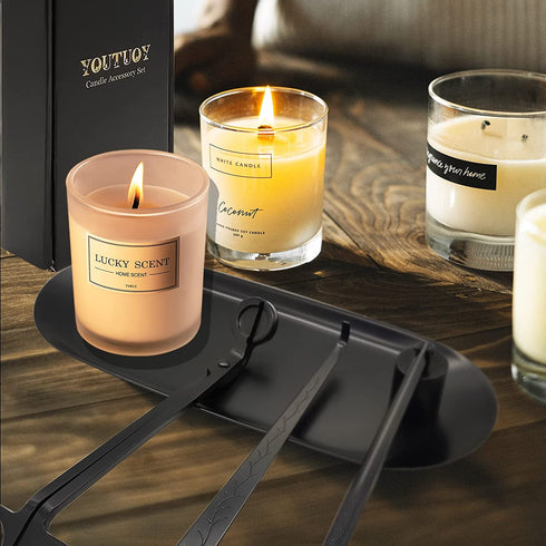 YOUTUOY 4 in1 Candle Accessory Set with Storage Tray Plate, Candle Wick Trimmer, Candle Wick Snuffer, Candle Wick Dipper, Storage Tray Plate, Great for Scented Candles Lovers (Black 4 in1)