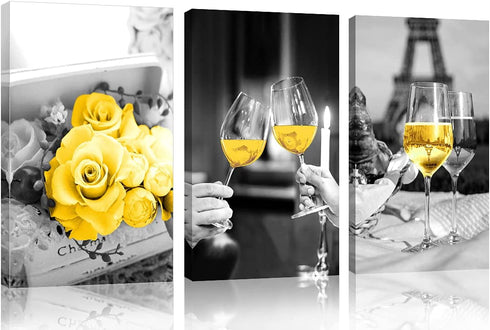 Yellow Kitchen Decor Yellow Rose Kitchen Wall Art Dining Room Decor Wine Glass Kitchen Wall Decor Black and White Canvas Wall Art Paintings Prints Pictures Framed Artwork for Home Kitchen Decorations (yellow rose, 12 INx16 INx3PCS(30cmx40cmx3)