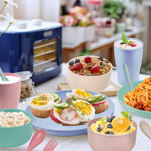 Plastic Plates and Bowls Sets, 20pcs Wheat Straw Dinnerware Sets, Kitchen Plates Cups and Bowls Set, Camping Reusable Plates and Bowls Sets, TIMDAM Lightweight Bowls, Unbreakable Dinner Plates