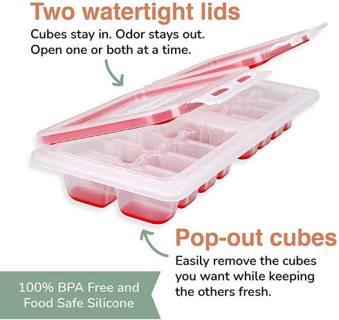Ice Topper Plus Ice Cube Tray with 2 Attached Lids - Easy Release Ice Cube Molds, 16 Cubes per Tray, Stackable & Dishwasher Safe, 100% Food Grade Silicone, BPA Free & Recyclable