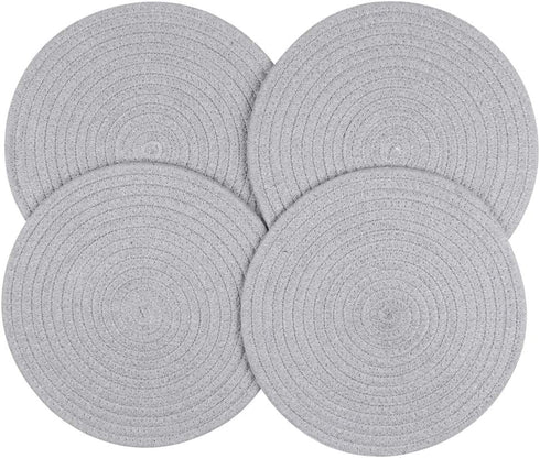 SHACOS Round Placemats Set of 4 Heat Resistant Cotton Rope Braided 12 inch Place Mats for Dining Table Thick Fabric Absorbent Table Mats Trivet (Light Gray, 12 Inch)