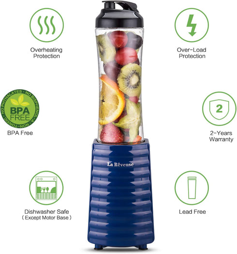 La Reveuse Smoothies Blender 300 Watt with 18 oz BPA Free Portable Travel Sports Bottle (Navy)