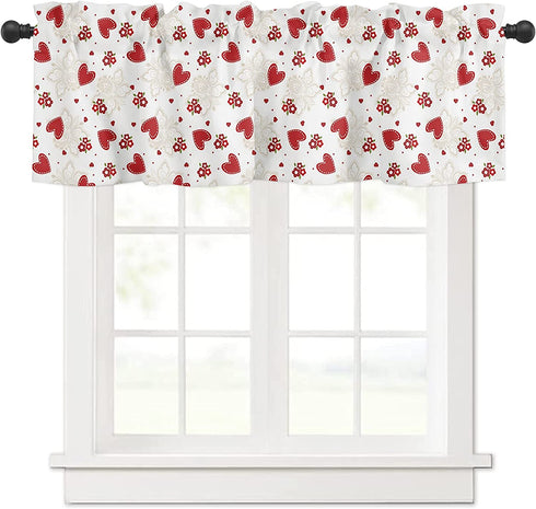 Red Love Heart Valance Curtains Rod Pocket Window Treatments Curtains, Retro Flower Floral Curtain Valances for Kitchen Living Room Bedroom Small Window Decor, 54x18in,1 Panel