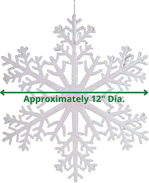Large Snowflakes - Set of 6 White Glittered Snowflakes - Approximately 12" D -Two Assorted Designs Snowflake Decorations - Snowflake Window Décor - Winter Decorations