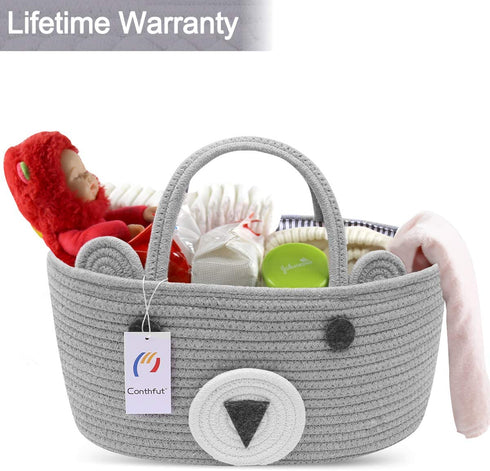 Conthfut Baby Diaper Caddy Organizer 100% Cotton Canvas Stylish Rope Nursery Storage Bin Portable Tote Bag & Car Organizer For Changing Table- Top Baby Shower Basket (Gray)