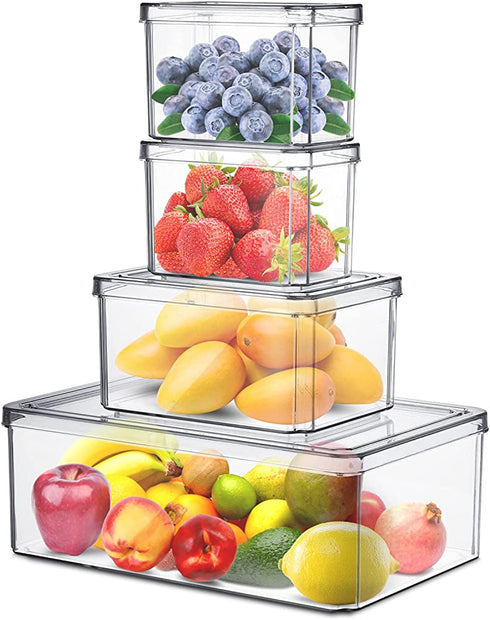 Set of 4 Fridge Storage Bins,Stackable Kitchen Pantry Cabinet, Freezer Food Organizer Box with Lid,Clear Plastic BPA Free Food Container for Kitchen Countertops, Refrigerator
