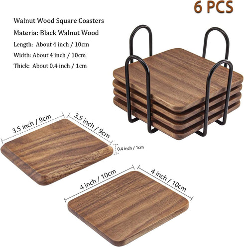 Eykao Drink Coasters with Holder, Coasters for Wooden Table, Farmhouse Coaster, 6 Pcs Square Walnut Wood Coaster(4 Inch), Fit Ceramic Cup and Glass Cup or Any Size of Drink Glasses, Housewarming Gifts