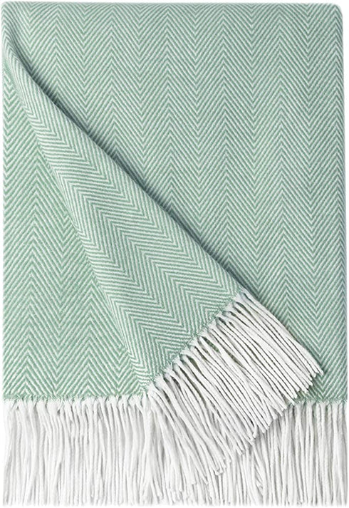 BOURINA Herringbone Two Tone Throw Blanket Faux Cashmere Fringe Soft Lightweight Cozy for Bed Couch Decorative Throws Blanket, Green, 50" x 60"
