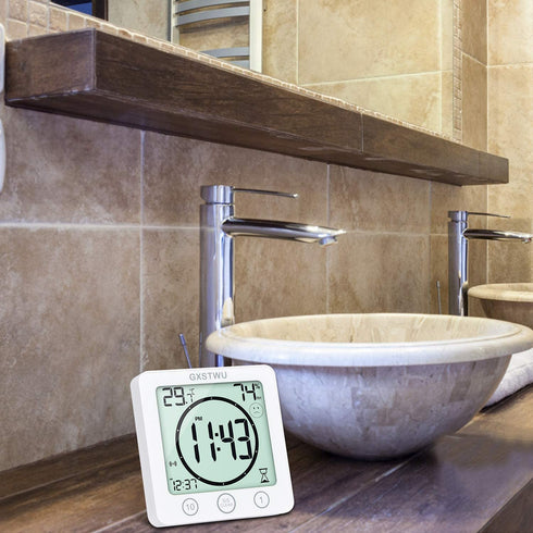 HD Digital Shower Clock with Timer Thermometer Hygrometer?Waterproof for Water Spray? Touch Button Bathroom Kitchen Wall Clock with Magnet, Suction Cup, Hanging Hole, Stand GXSTWU(1pack)