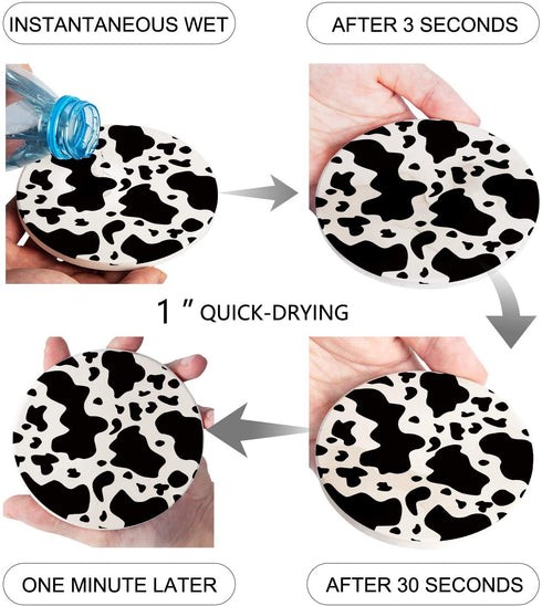 Set of 4 Coasters for Drinks, Absorbing Stone Cow Print Animal Themed Black and White Ceramic Round Coaster with Cork Base No Holder, for Housewarming Coffee Kitchen Room Bar Decor (4 Inch)