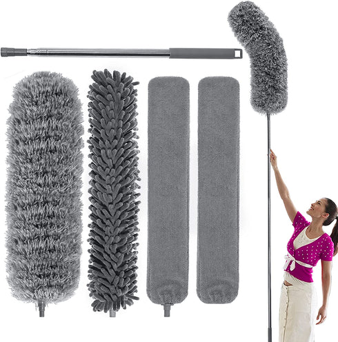 Microfiber Duster, Dusters for Cleaning, with Extension Pole (Stainless Steel) 30 to 100 Inches, Washable Lightweight Cobweb Duster Ceiling Fan, High Ceiling, Blinds, Furniture, Cars