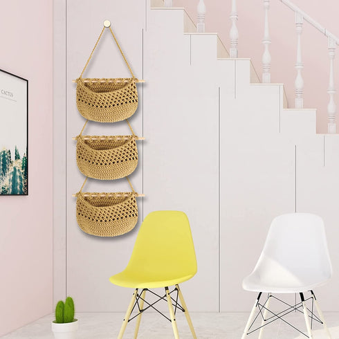 Boho Hanging Fruit Woven Baskets Handmade Pocket Hanger Fruit Storage Wall Mount Organization with 2 Hooks to Store All Items for Home Kitchen Modern D©cor (khaki)