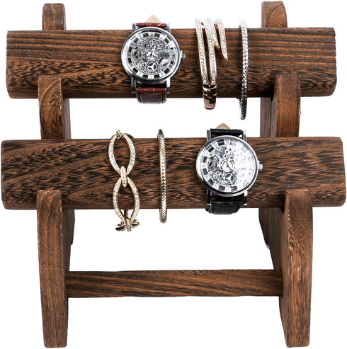 Ikee Design Oval Shape Removable Wooden 2 Tiers Jewelry Bangle Bracelet Display, Watch Holder for Home Organization, Store, Tradeshow and Showcase, 8 1/2W x 6 1/8D x 7H