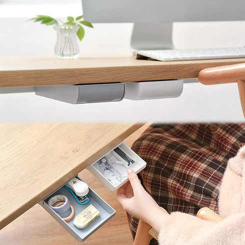 4 Pieces Under Desk Drawer Organizer, 8.8" Long, 3.5"/5.3" wide,Vankcp Expandable Self-Adhesive Drawer, Pop-Up Hidden Drawer Organizer Storage Set for Office School Home Desk, White,Gray