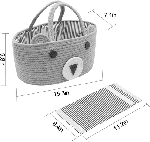 Conthfut Baby Diaper Caddy Organizer 100% Cotton Canvas Stylish Rope Nursery Storage Bin Portable Tote Bag & Car Organizer For Changing Table- Top Baby Shower Basket (Gray)
