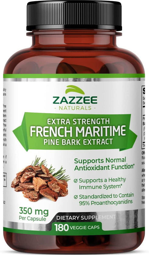 Zazzee Extra Strength French Maritime Pine Bark Extract, 350 mg Per Capsule, 180 Vegan Capsules, 95% Proanthocyanidins, 6 Month Supply, Non-GMO and All-Natural
