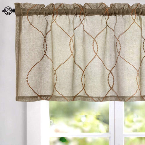 Vangao Kitchen Curtains and Valances Set Kitchen Curtains 3 Piece Set 36 Inch Length Embroidered Moroccan Trellis Pattern Light Diffusing Sheer Kitchen Curtains Valances for Kitchen Bathroom Brown