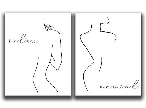 Abstract Minimalist"Relax, Unwind" Wall Decor - Set of 2-8"x10" UNFRAMED Prints - Modern, Minimal, Black And White Line Art - Female Figure Silhouette - Bathroom Wall Decor
