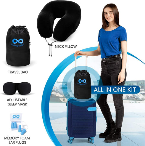 Everlasting Comfort Memory Foam Travel Pillow - Airplane Neck Rest & Plane Accessories (Black)