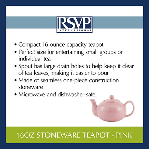 RSVP International Stoneware Teapot Collection, Microwave and Dishwasher Safe, 16 oz, Pink