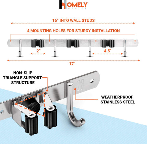 Mop and Broom Holder Wall Mount Heavy Duty - Metal Broom and Mop Holder Wall Mount - Broom Organizer Wall Mount for Kitchen Closet Garage Garden Tool - 3 Broom Hanger Positions with 4 Broom Rack Hooks