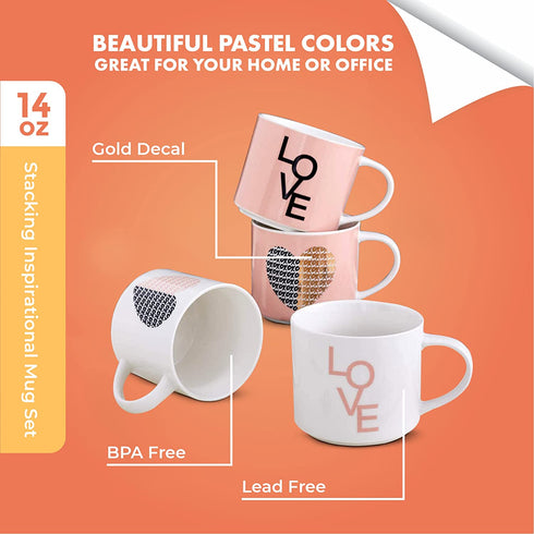 Set Of 4 Womans Gifts Ideas Stacking Mugs Inspirational Coffee Novelty Mug Gift Set, Funny Mug Gift Set - Him And Her Gifts Holiday, Birthday, Valentine Day Gifts. 14 Oz. Pink