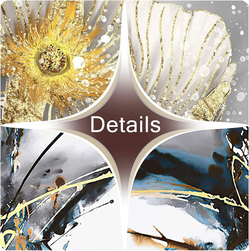 Modern Abstract Canvas Wall Art for Home Office Living Room Decoration Gold Floral Painting Artwork Lotus Flower Picture Giclee Print on Linen Canvas Blue Grey Artistic Ready to Hang 3 Pieces Per Set