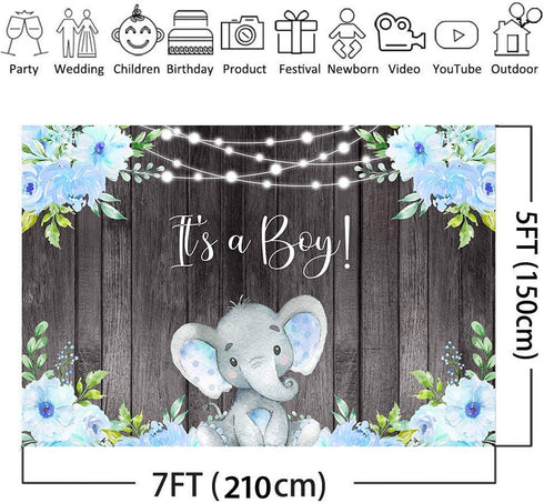 Avezano It's a Boy Elephant Backgdrop Boy Baby Shower Party Banner Decoration Blue Floral Rustic Wood It's Boy Elephant Baby Shower Theme Photography Background Photo Booth Banner (7x5ft)