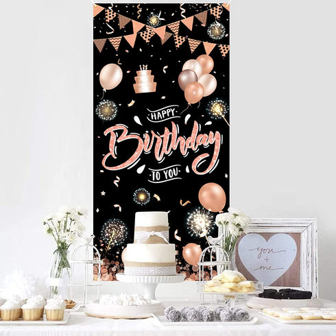 Rose Gold Happy Birthday Door Banner,Birthday Door Cover Decoration Supplies Happy Birthday Backdrop Photography Black Background Sign For Women And Girls Birthday Party Home Outdoor Decor