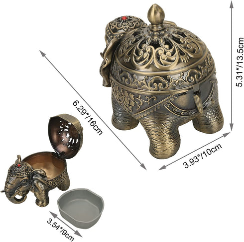 LIABI Incense Burner, Metal Backflow Cone Coil Stick Incense Holder Ash Catcher with Lid, Aromatherapy Ornament Home Decoration for Indoor Outdoor (Bronze Elephant)