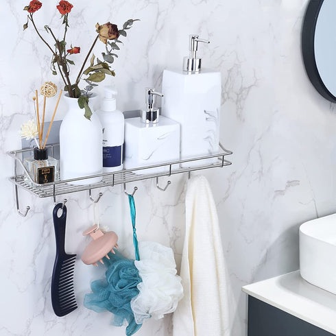 Shower Caddy, Goowin Shower Organizer, Large Size Shower Shelf, Stainless Steel Rustproof Shower Rack, Adhesive Shower Caddy with 6 Hooks, 2-in-1 Kitchen Shower Shelves (Polish Sliver)