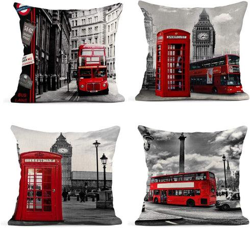 Emvency Set of 4 Linen Throw Pillow Covers 18x18 Inches Home Decorative Cushion Red London Street Bus Telephone Booth Big Ben Pillow Cases Square Pillocases for Bed Sofa