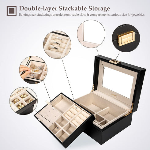 LANDICI Jewelry Box Organizer for Women Teen Girls, Large Jewelry Storage Case with Mirror and 2 Layer Removable Tray, Leather Jewellery Display Holder for Ring Necklace Earring Bracelets, Black