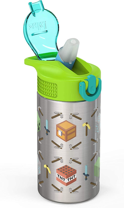 Zak Designs 15.5oz Minecraft 18/8 Single Wall Stainless Steel Kids Water Bottle with Flip-up Straw Spout and Locking Spout Cover, Durable Cup for Sports or Travel (15.5oz, Minecraft)