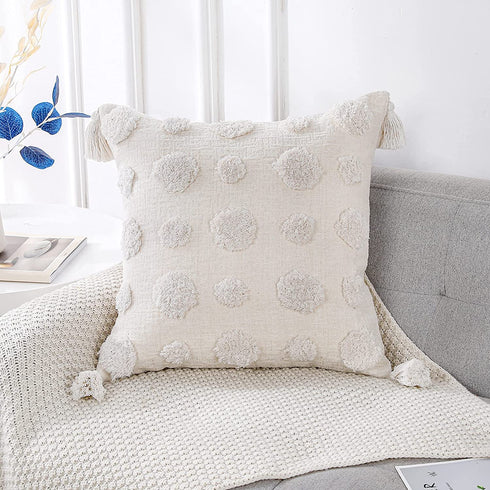 PANOD Super Soft Farmhouse Decorative Plush Throw Pillow Covers 20 x 20 White,Solid Pom pom Tufted with Tassels Modern Accent Boho Square Cushion Cover Pillow Case for Couch Sofa