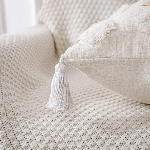 PANOD Super Soft Farmhouse Decorative Plush Throw Pillow Covers 20 x 20 White,Solid Pom pom Tufted with Tassels Modern Accent Boho Square Cushion Cover Pillow Case for Couch Sofa