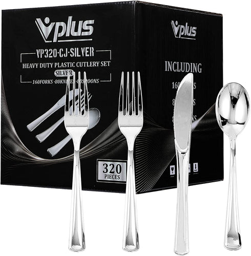 320 Silver Plastic Silverware Set- Silver Plastic Cutlery Set - Disposable Silverware Set - Flatware Set - 160 Plastic Silver Forks - 80 Plastic Silver Spoons -80 Plastic Silver Knives (Silver)