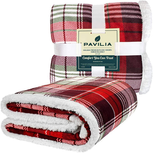 PAVILIA Christmas Plaid Blanket | Sherpa Fleece Flannel Throw Blanket | Christmas Plaid Warm Plush Microfiber Blanket for Couch Sofa | 60x80 Inches