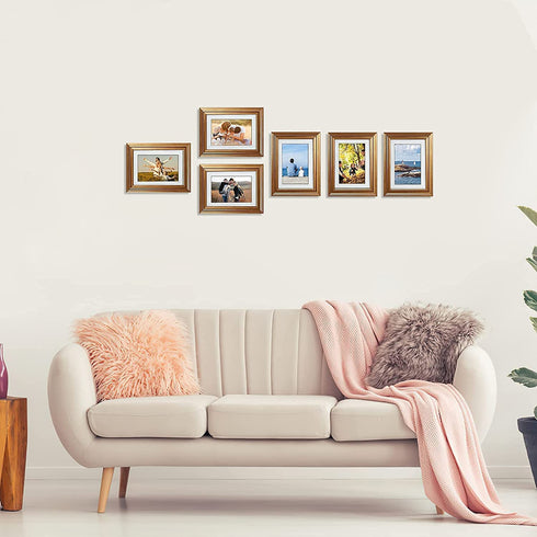 MEBRUDY 4x6 Picture Frames Set of 6, Display Pictures 4x6 with Mat or 5x7 Without Mat, Gold Photo Frames for Wall Mount or Table Top