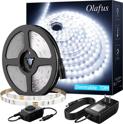 Olafus White LED Strip Lights, 32.8ft Dimmable Vanity Lights, 6000K Daylight 12v LED Light Strip, 10m Cuttable Tape Lights, Ambient Lighting Tape for Bedroom TV Cabinet Stair Mirror(600 LEDs 2835)