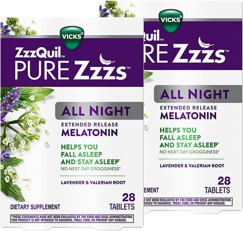 ZzzQuil PURE Zzzs All Night Extended Release, Melatonin Sleep Aid Tablets, Helps You Stay Asleep Longer, Sleep Aid for Adults, 2 mg per tablet, 28 Count (Pack of 2)