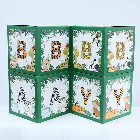 Baby Shower Safari Jungle Animal Box Set of 4 Baby Block Boxes for Gender Reveal Party Supplies Birthday Party Decorations Boy Girl Baby Blocks Decorations. (Green)