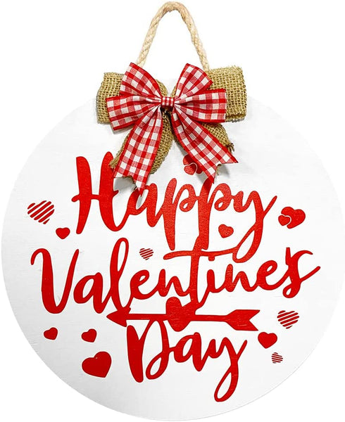 Happy Valentine's Day Hanging Sign, Round Wooden Red Heart Valentines Day Decor Front Door Sign with Ribbon Bow for Valentine's Day Front Door Wall Rustic Farmhouse Porch Decorations, 12 Inch (Red)